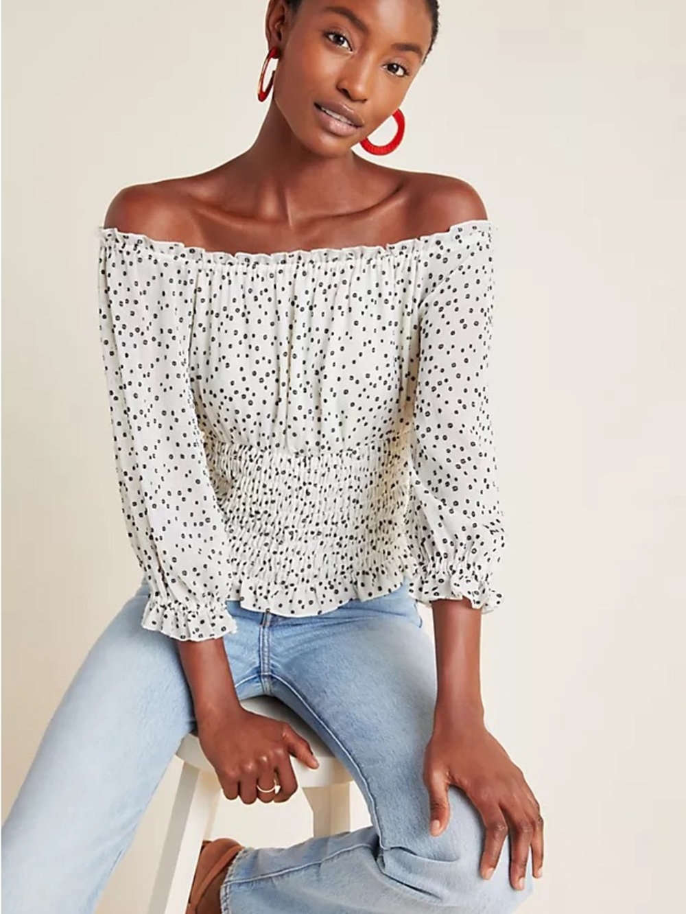 Anthropologie Lucia Off-Shoulder Smocked Polka Dot Top - White/Black | size MP